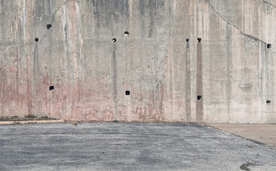 A weathered concrete foundation wall at grade level, ground sloping toward it